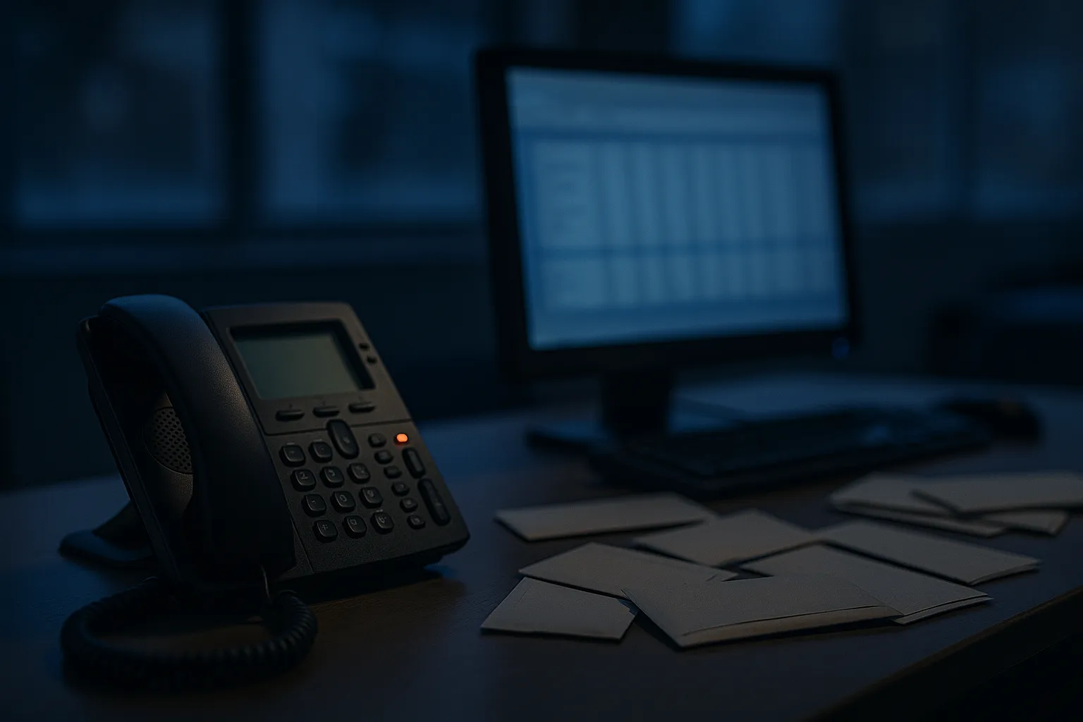 An editorial photograph of an empty payroll office desk at dusk, a monitor showing a blurred spreadsheet, a desk phone with its voicemail light lit, natural window light in cool blue tones