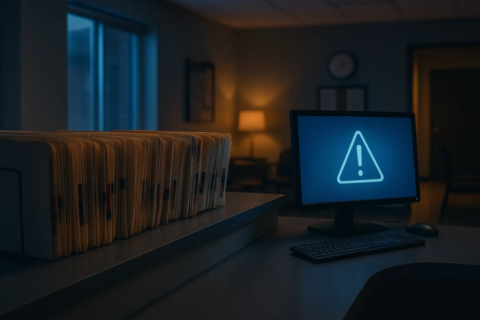 Editorial photograph of an empty medical clinic reception desk at dusk with patient file folders and a monitor showing a warning indicator