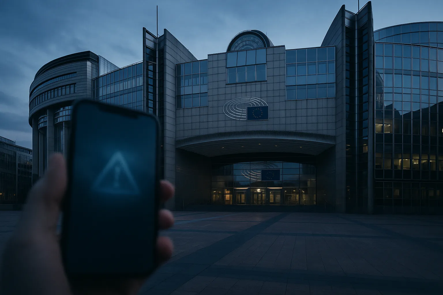 European Parliament building with a smartphone in the foreground showing a security warning icon, illustrating a spyware infection of an EU lawmaker