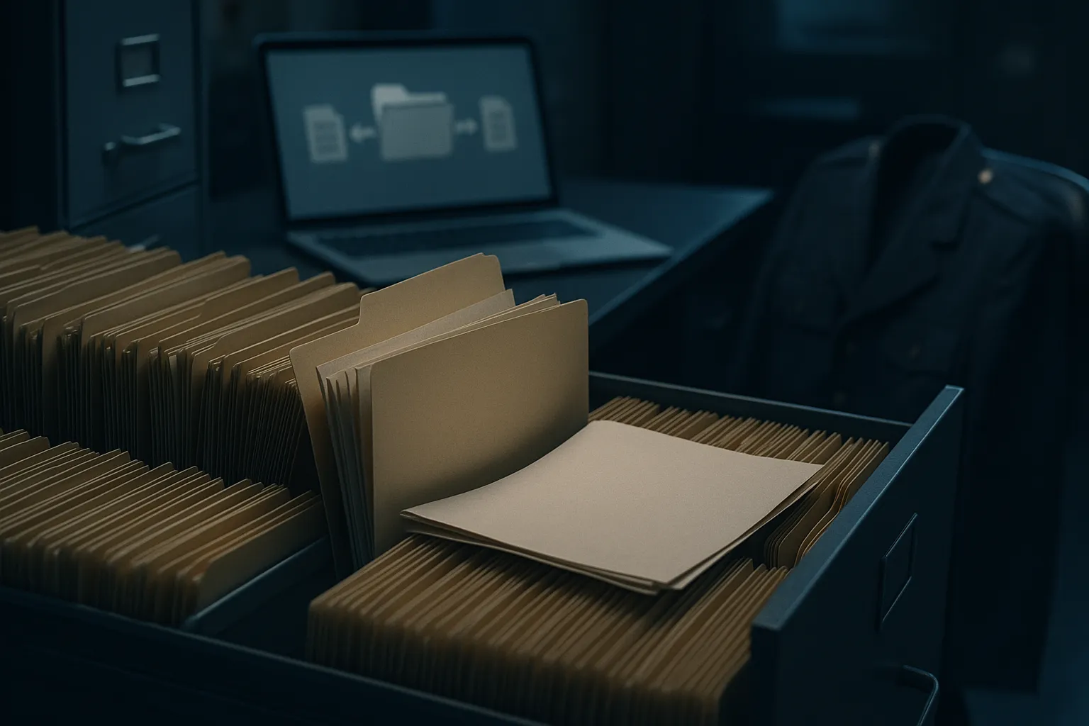 Open metal filing drawer packed with manila personnel folders beside a laptop showing a file sharing screen and a uniform jacket on a chair, illustrating the Pentagon DMDC personnel records breach