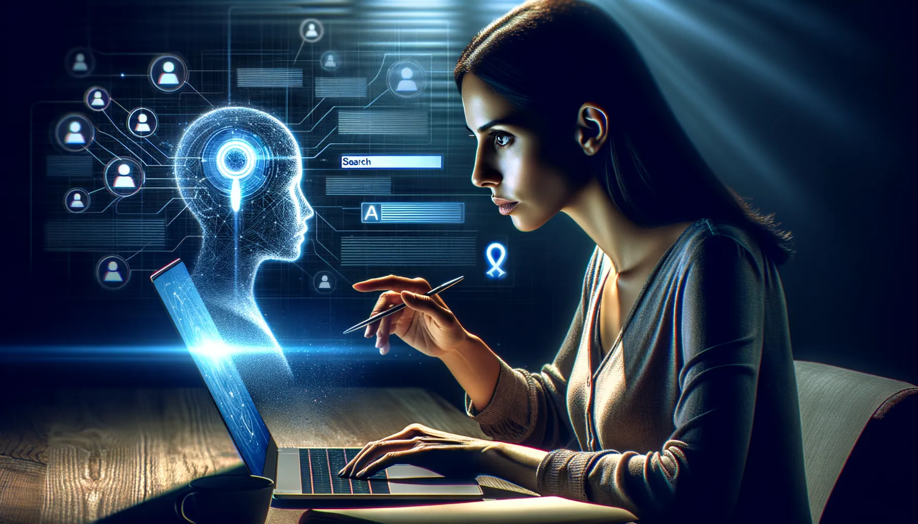 A person using a laptop with an AI search interface while invisible data streams flow to corporate entities in the background