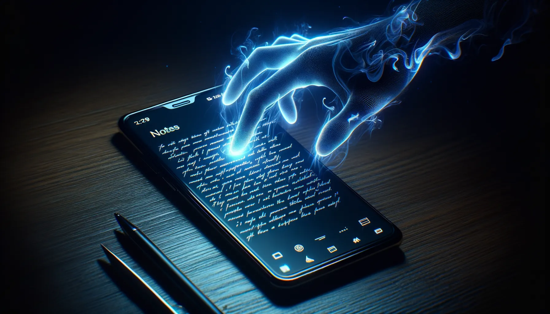 Close up of smartphone screen with a notes app open while a translucent digital shadow reaches across extracting text from the screen