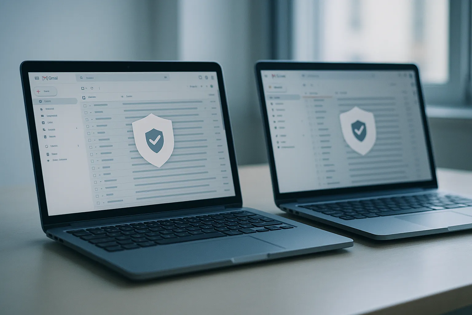 Two laptops side by side on a clean desk, each showing a Gmail inbox with a small privacy shield icon, in a soft editorial comparison composition