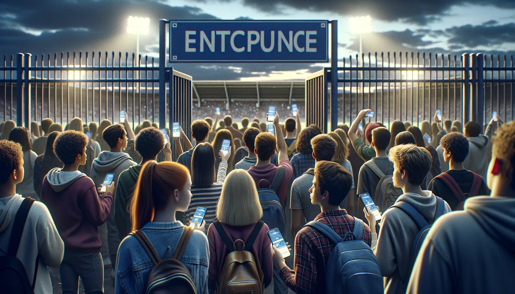 Students at a school sports event holding phones with digital tickets while subtle data tracking visualizations appear in the background