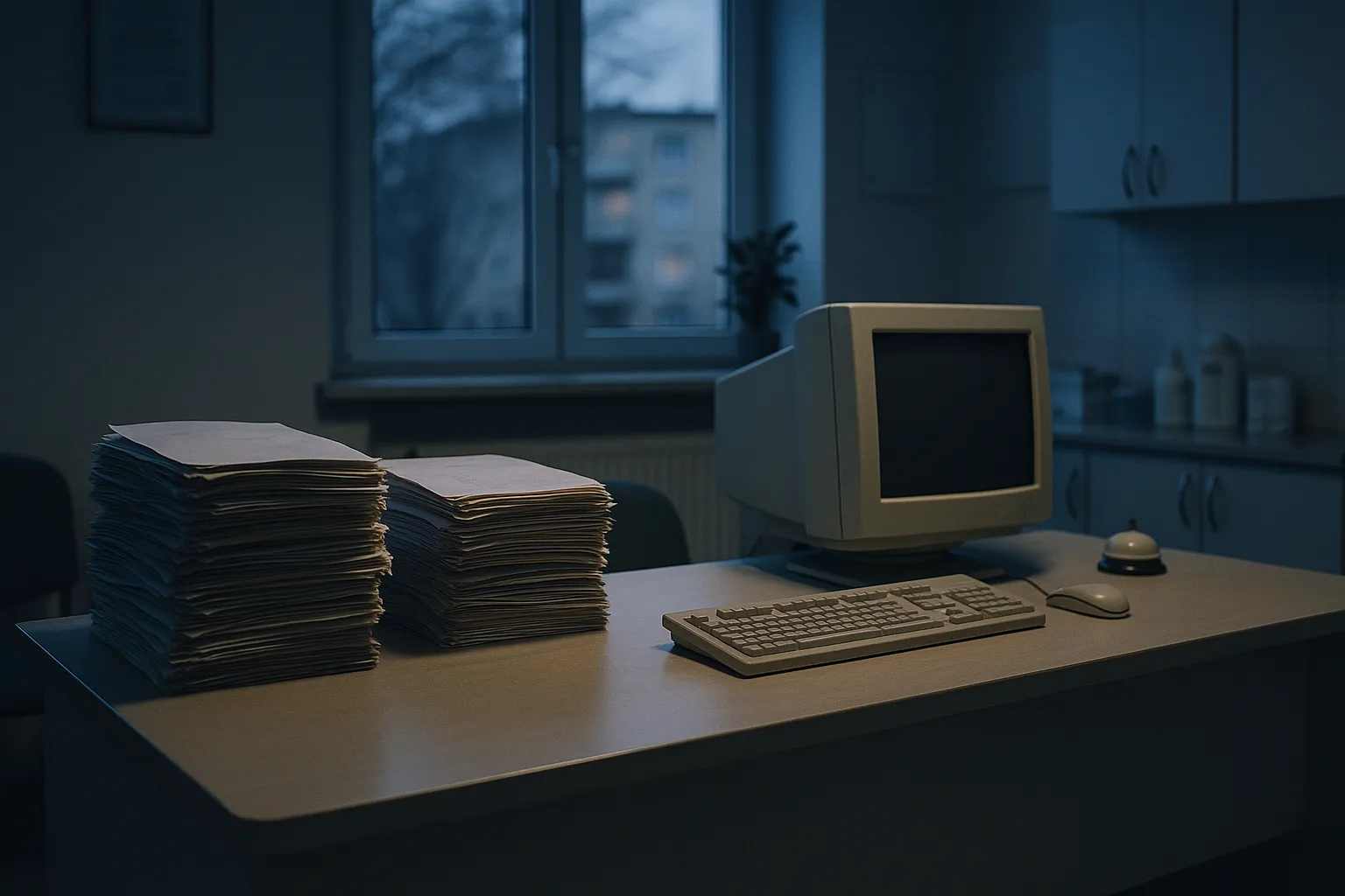 An empty medical clinic reception desk in the evening with stacks of paper patient files beside a desktop computer under cool window light
