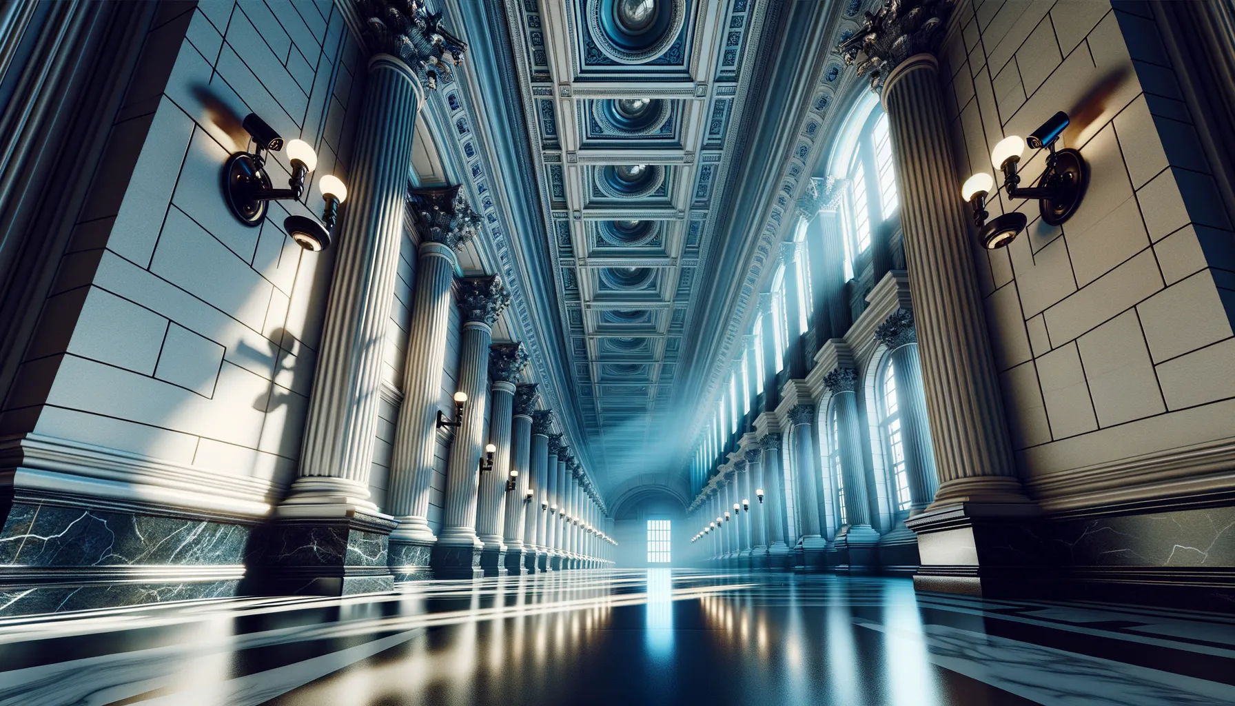 Government building corridor with surveillance cameras and shadows representing state surveillance accountability