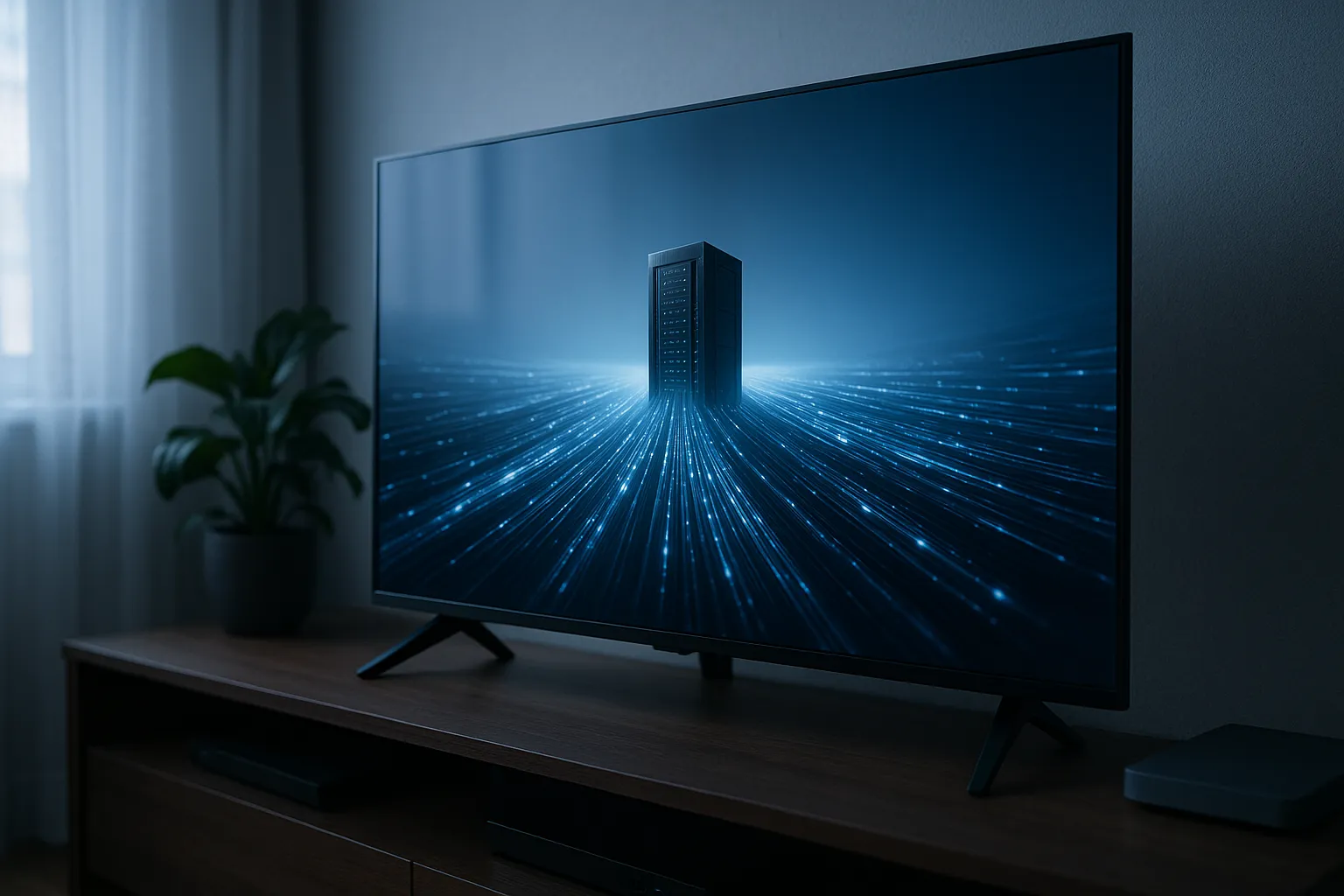 A smart TV with invisible data streams flowing to a distant server tower, representing the Popa botnet