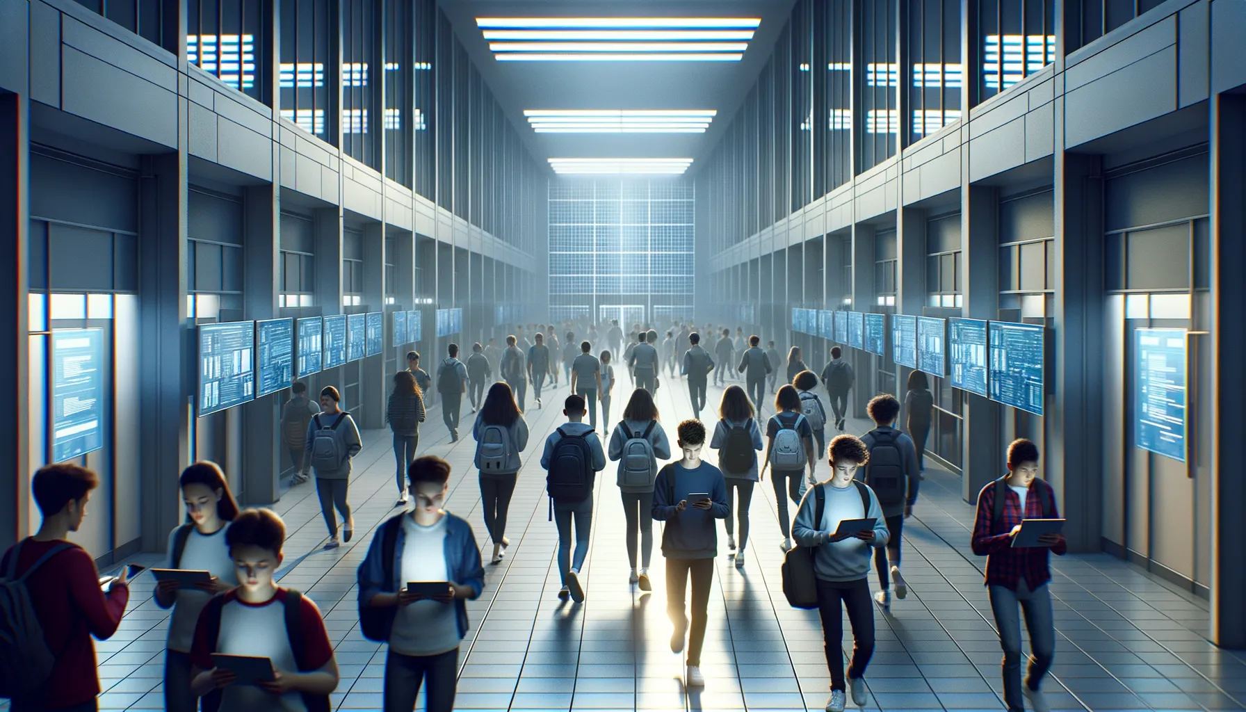 A high school hallway with students using laptops and tablets, with a subtle digital tracking overlay visible on the screens