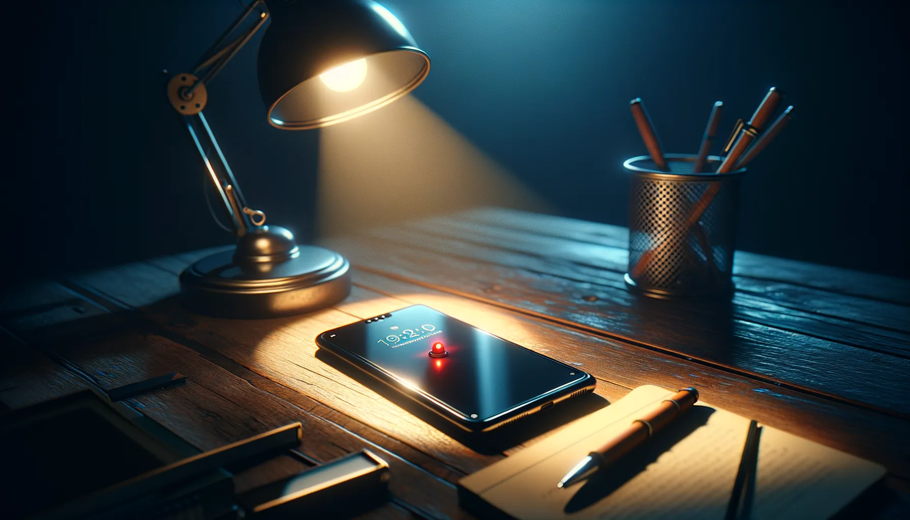 A journalist's smartphone lying on a desk with a faint red glow suggesting hidden surveillance software running in the background