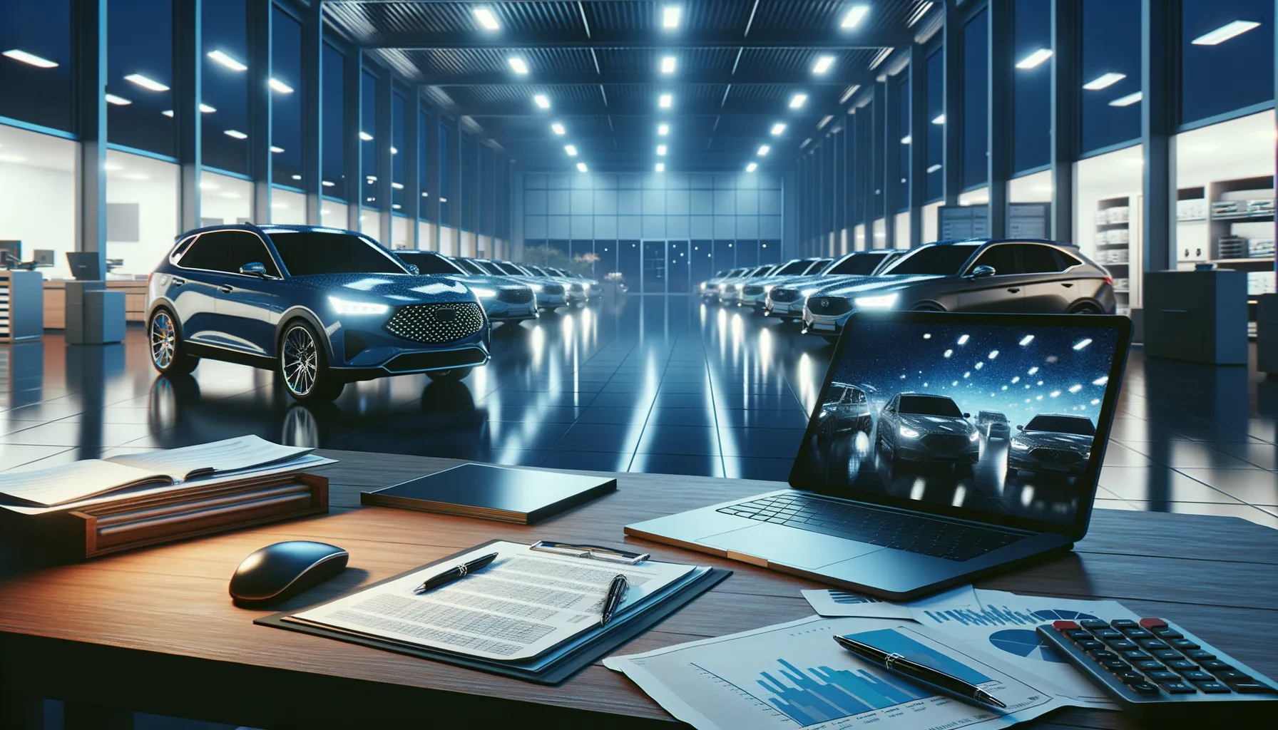 Car dealership showroom at night with financial paperwork on a desk and polished car hoods in background