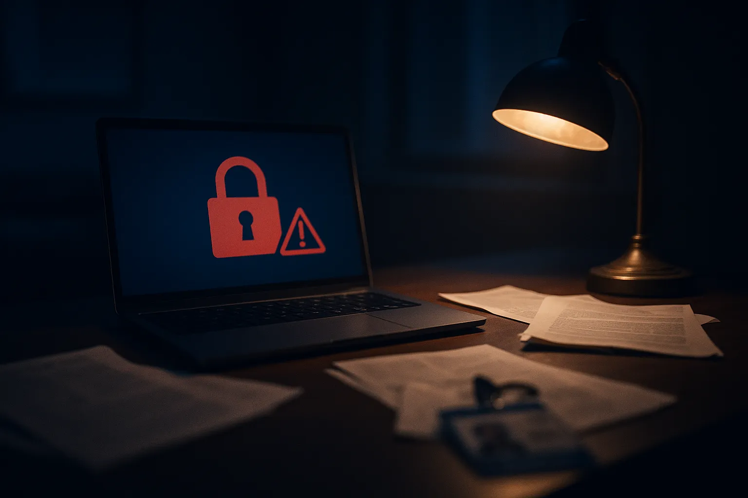 Dark web data exposure affecting journalist email accounts at major news outlets, illustrated with locked files and warning indicators in indigo and blue tones