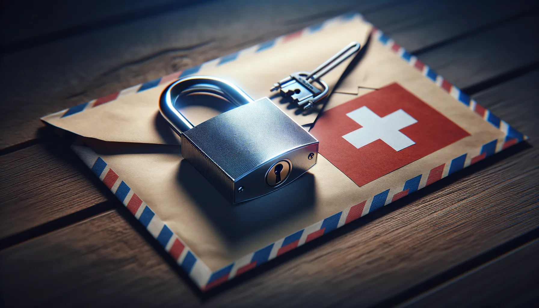 A padlock resting on a sealed envelope on a desk symbolizing encrypted email privacy and its legal limits