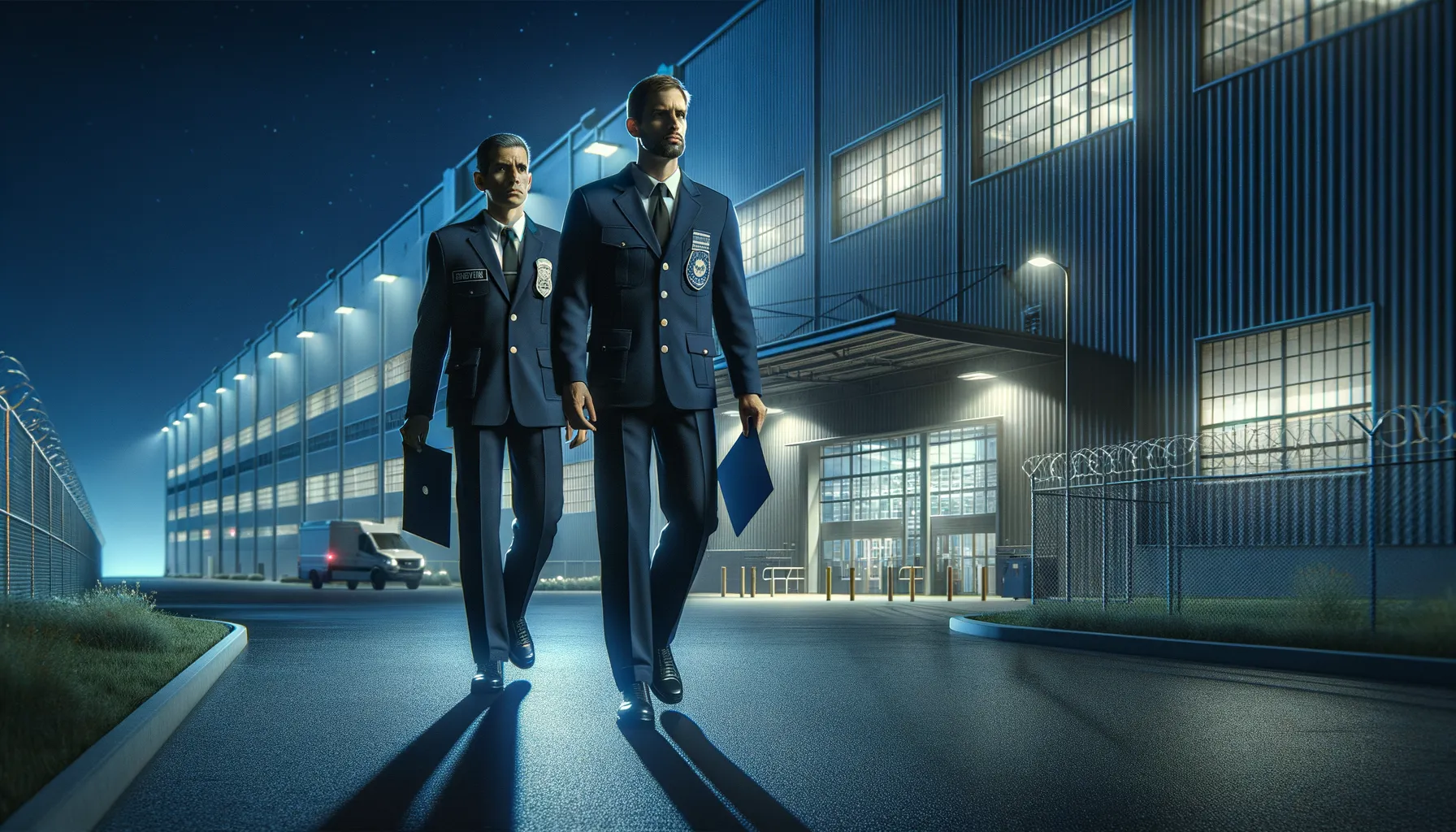 German police officers approaching a facility at night to deliver cybersecurity warnings about a critical PTC Windchill vulnerability