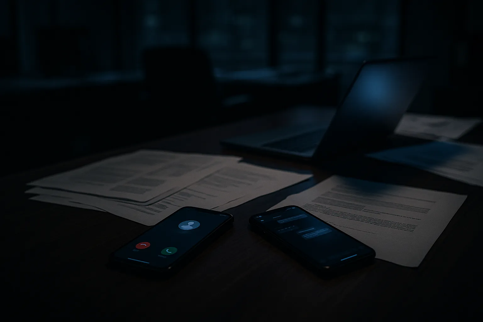 A dimly lit office desk with two phones, one receiving a call while the other displays a dark chat interface, symbolizing a double agent working both sides of a ransomware negotiation