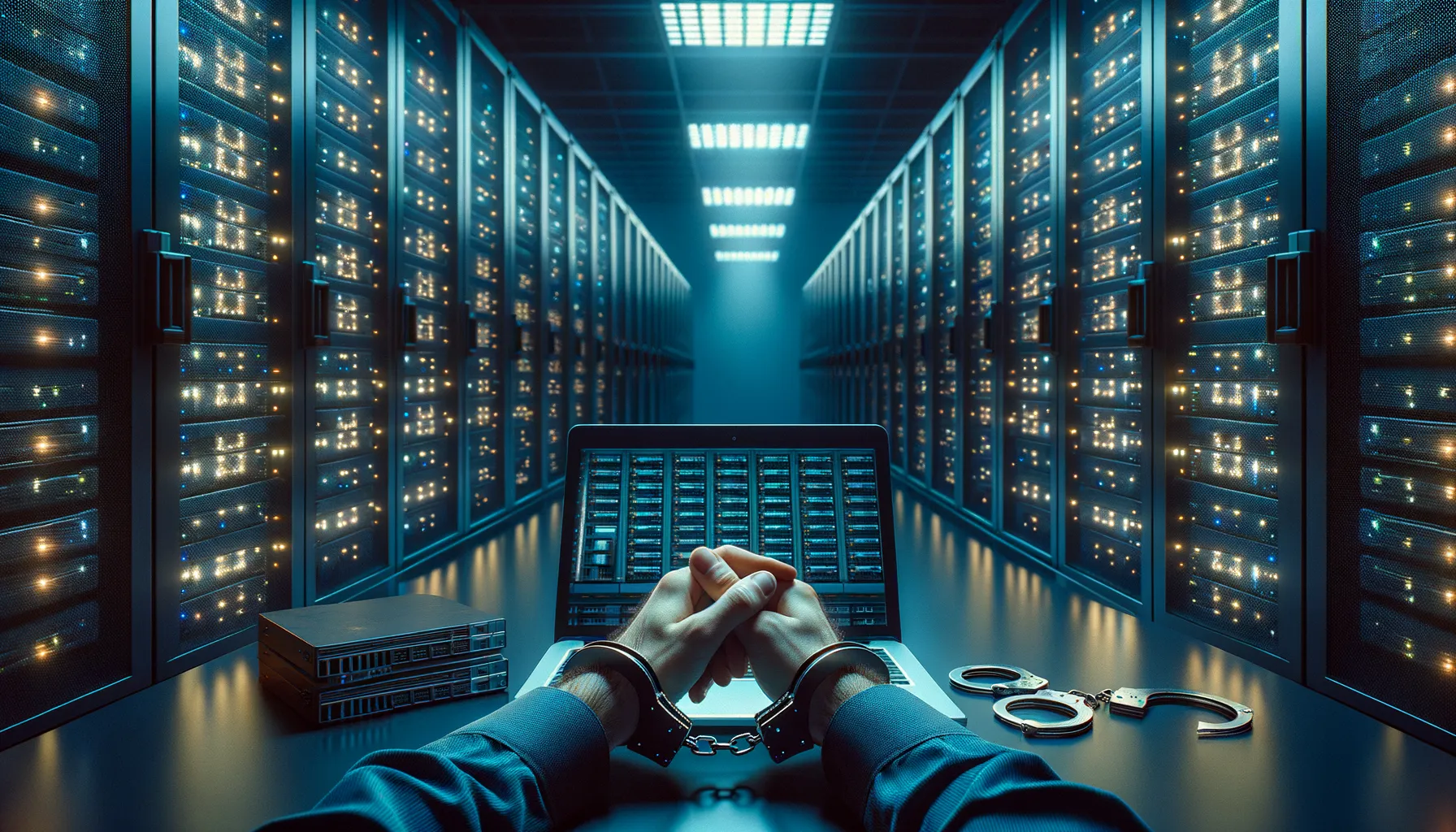 A dark server room with handcuffed hands near a laptop depicting a cybercriminal infrastructure takedown