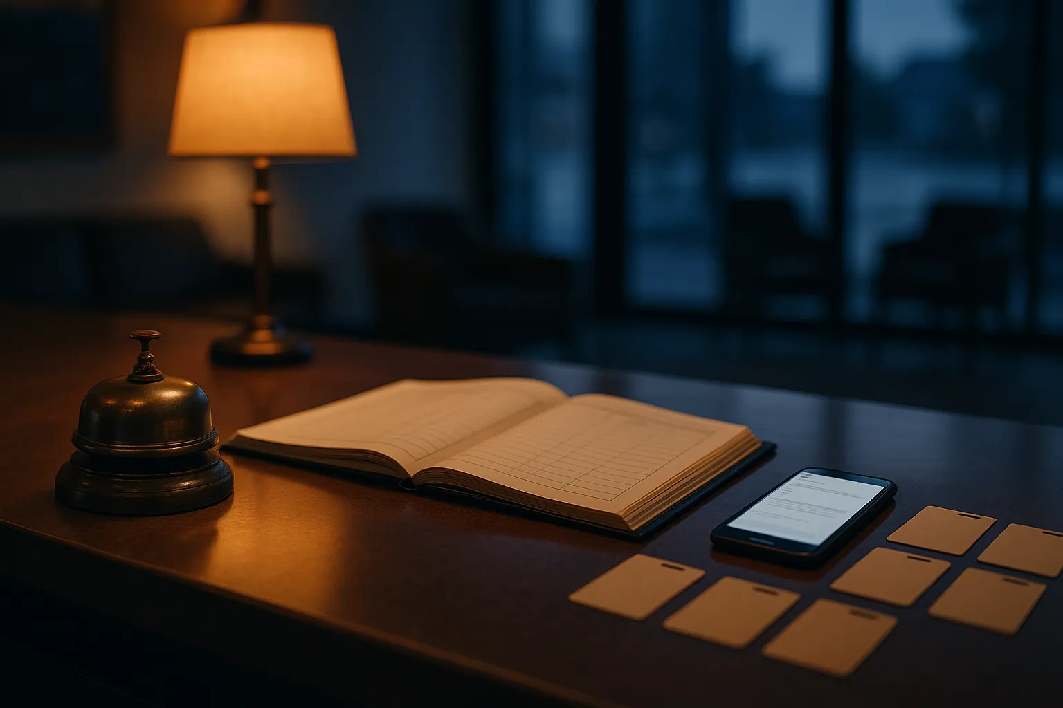 A hotel reception desk at dusk with a brass bell, open reservation ledger, room key cards, and a smartphone showing a generic email preview