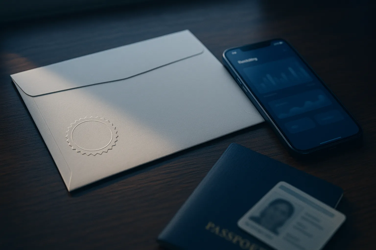 An official looking government letterhead envelope lying on a wooden desk next to a smartphone displaying a banking app, softly lit by daylight from a window
