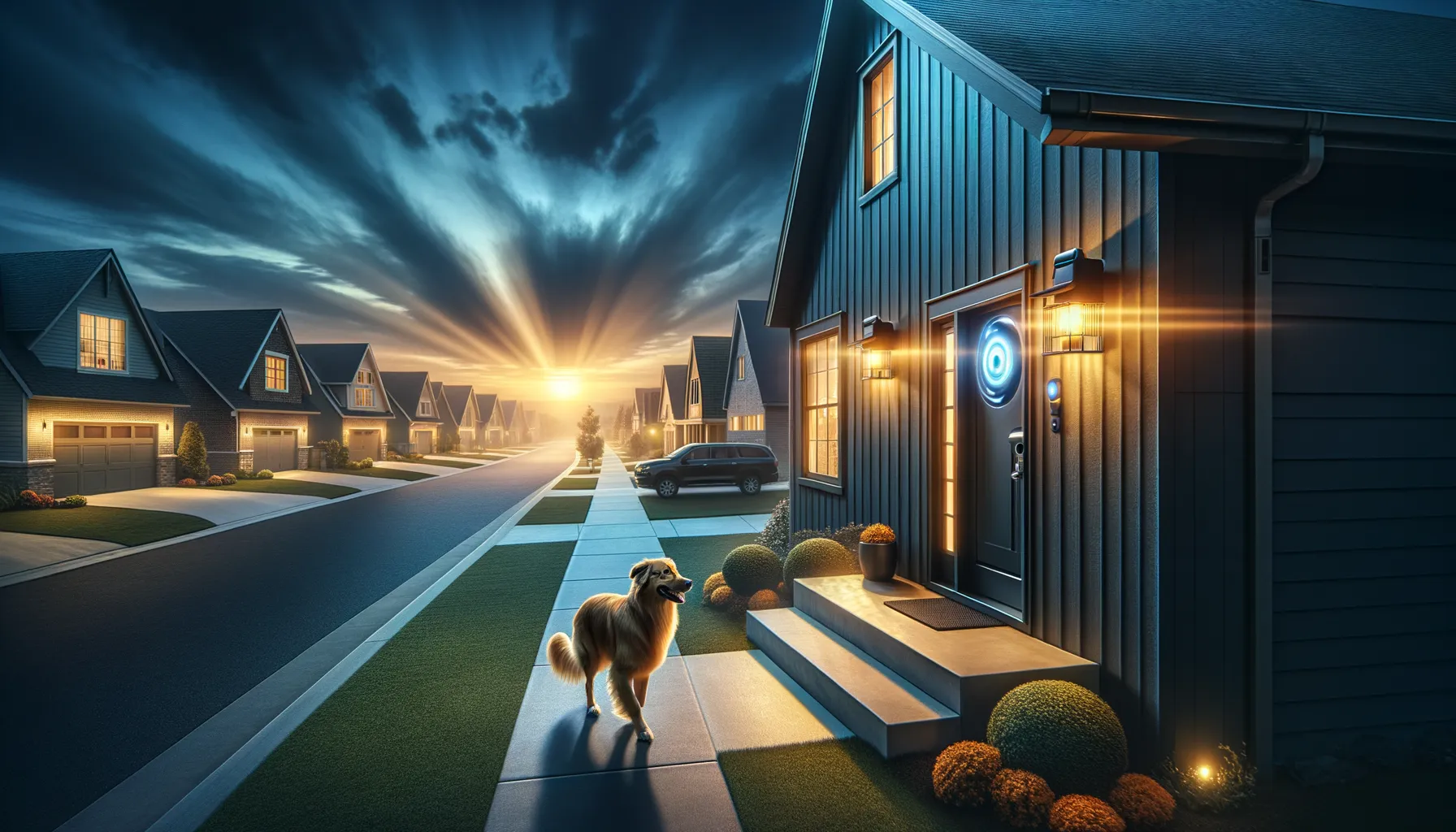 A suburban home at dusk with a Ring doorbell camera and neighboring houses with security cameras