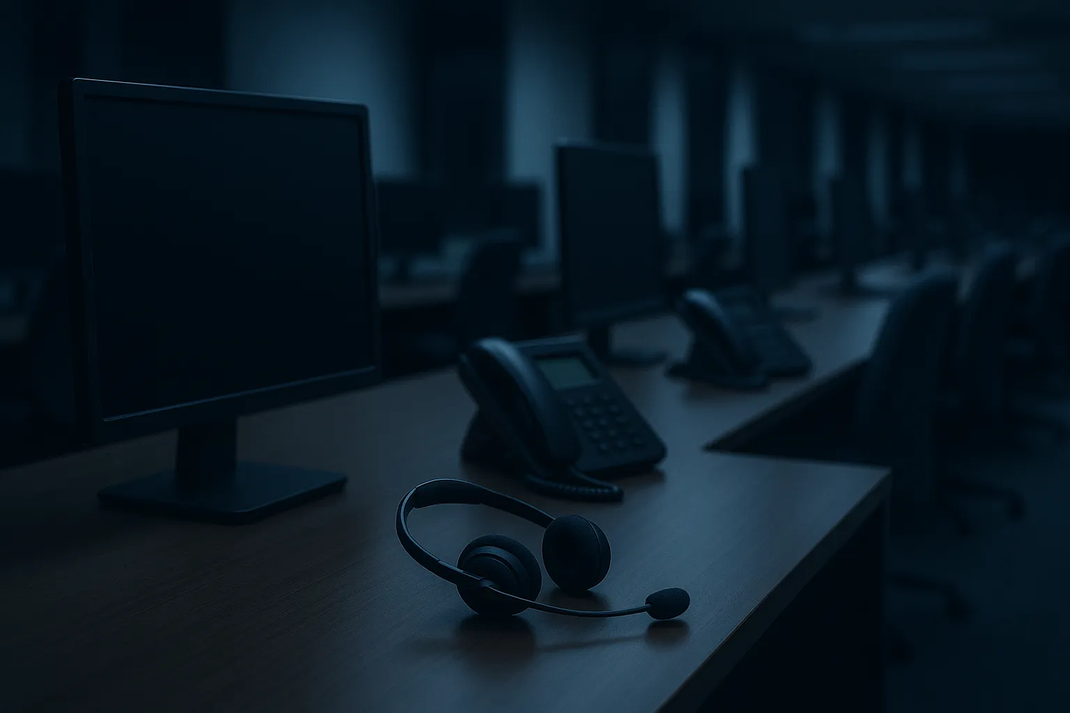 An empty call centre workstation at night with a headset resting beside a dark monitor and a desk phone, rows of vacant desks behind