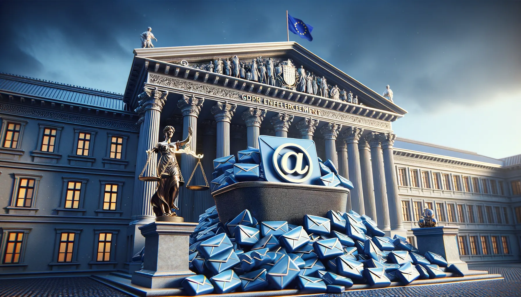 European government building with scales of justice representing GDPR enforcement against email violations