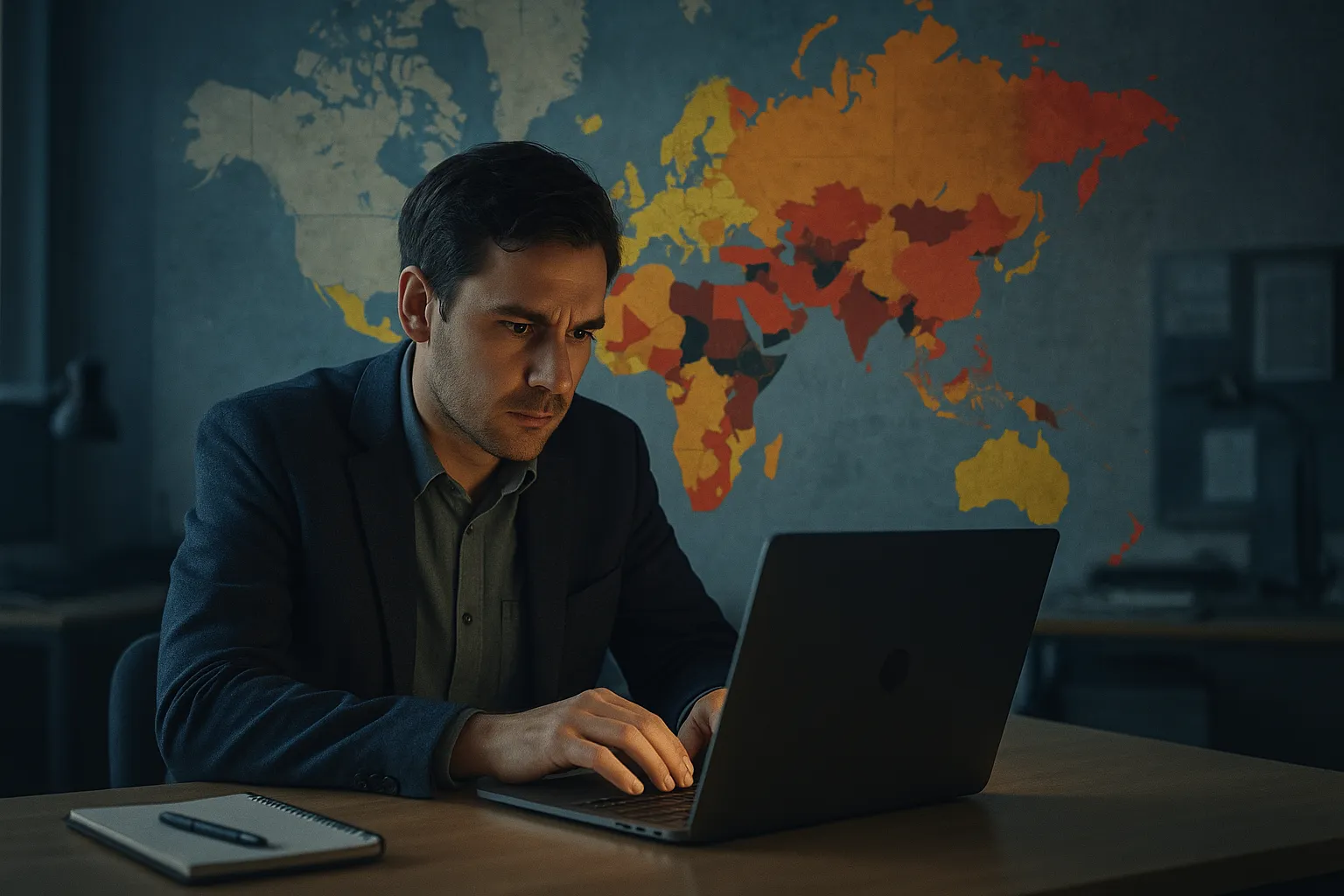 A journalist at a laptop in a dimly lit office with a world map overlay showing color-coded press freedom levels by country