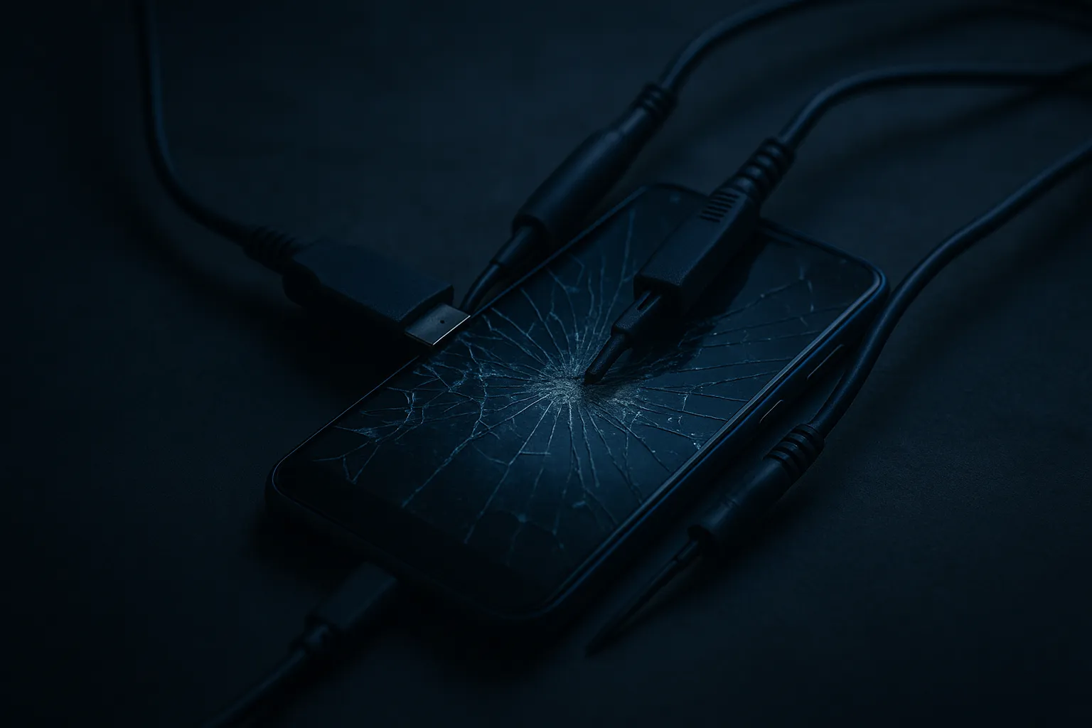 Cracked smartphone with forensic cables connected, dramatic indigo lighting representing state-sponsored surveillance and digital forensics used against dissidents