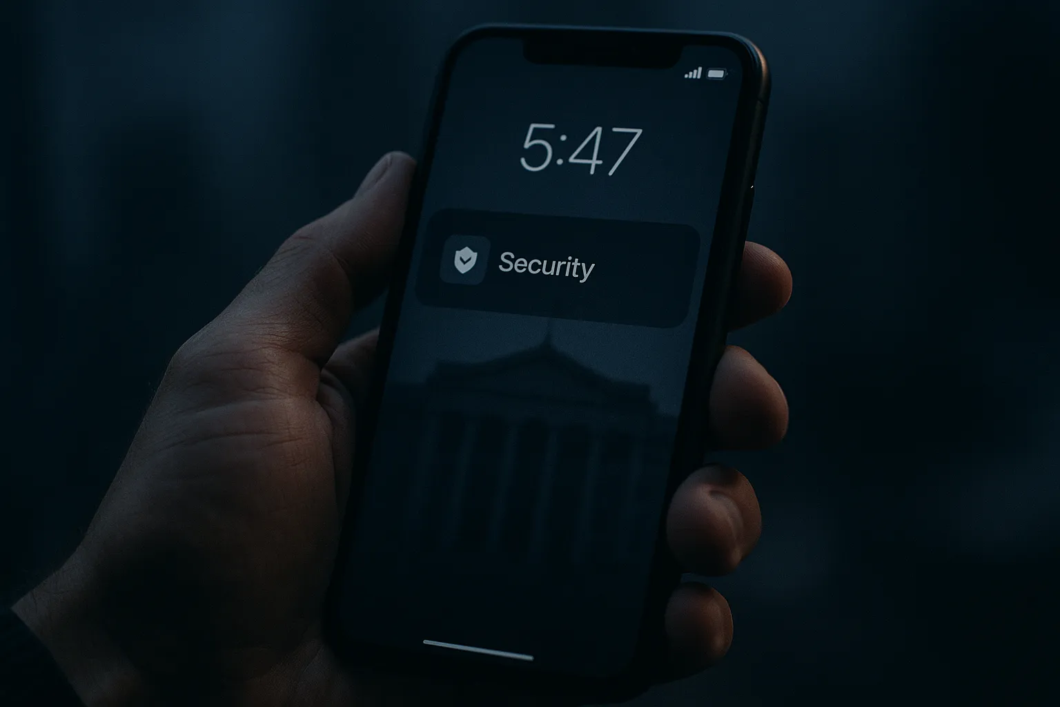 Smartphone screen with a fake security alert notification at 5:47 AM, shadowy government building silhouette reflected in the glass, deep indigo and charcoal tones