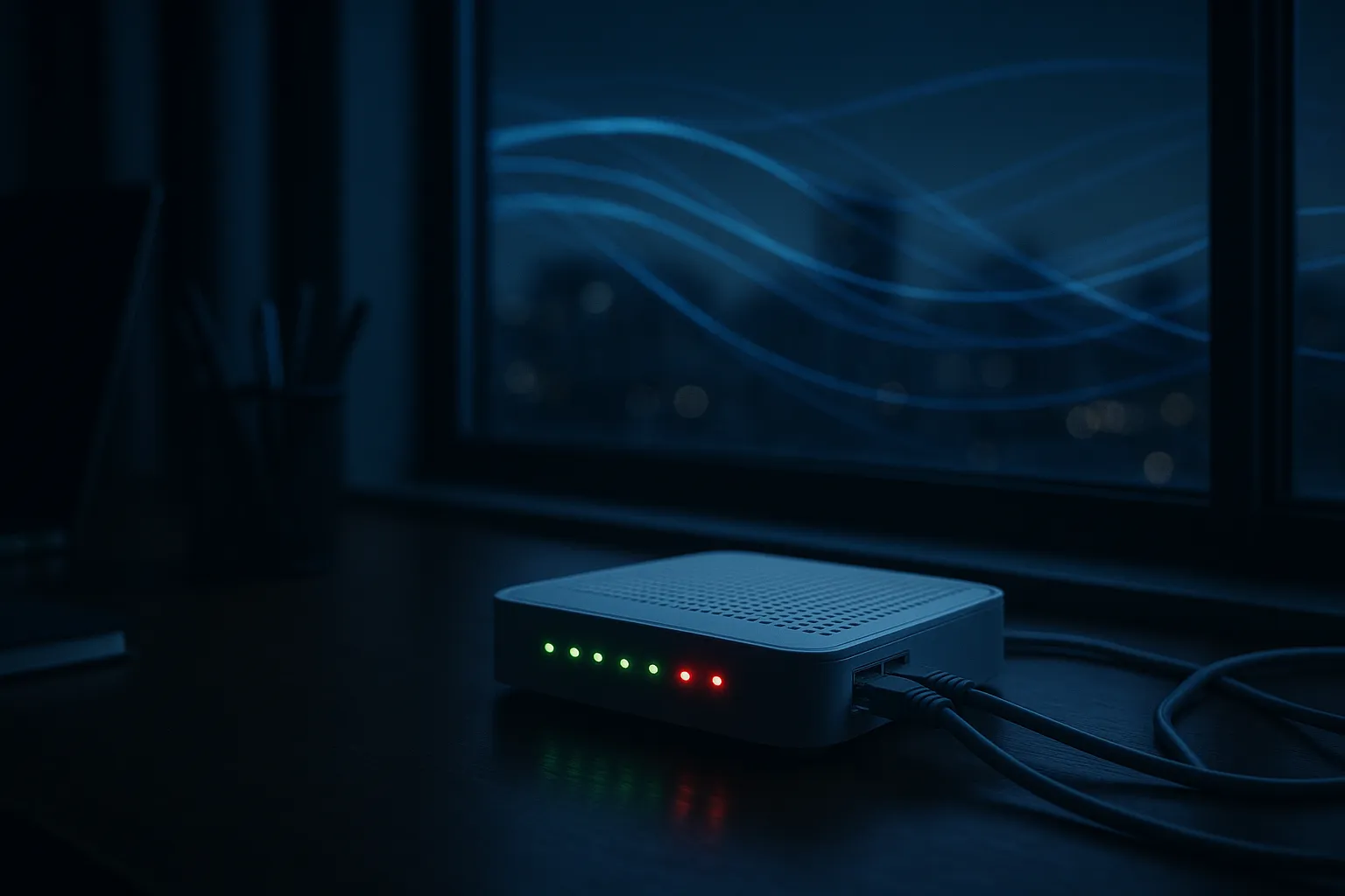 A home router with blinking lights on a desk while shadowy figures intercept data streams flowing from it