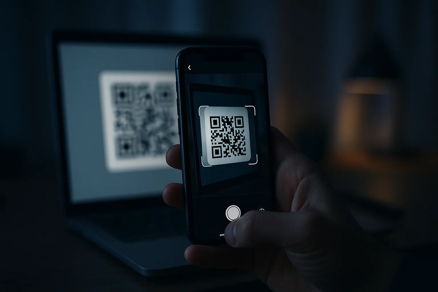 An editorial photograph of a smartphone displaying a messaging application scanning a QR code in a dimly lit room, lit in subtle indigo tones with shallow depth of field, representing a silent account linking attack