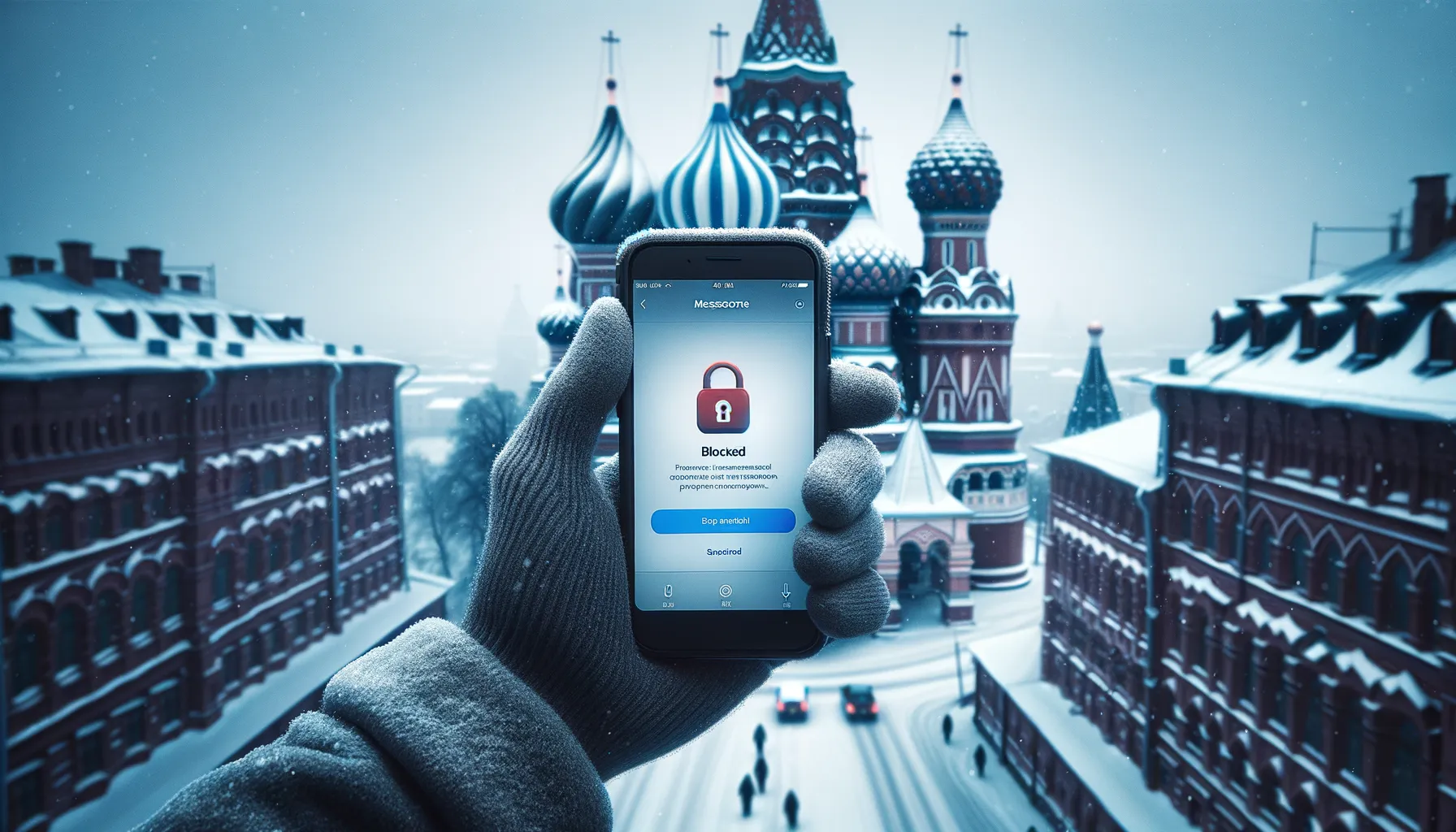 Smartphone showing a blocked messaging app against a Russian cityscape backdrop