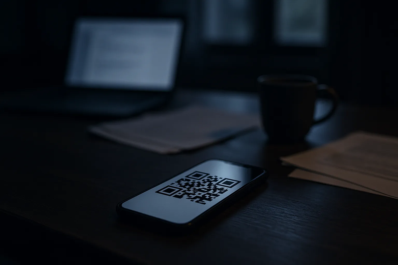 A smartphone on a dark desk in a dim study displaying a QR code, with an out of focus laptop screen glowing behind it