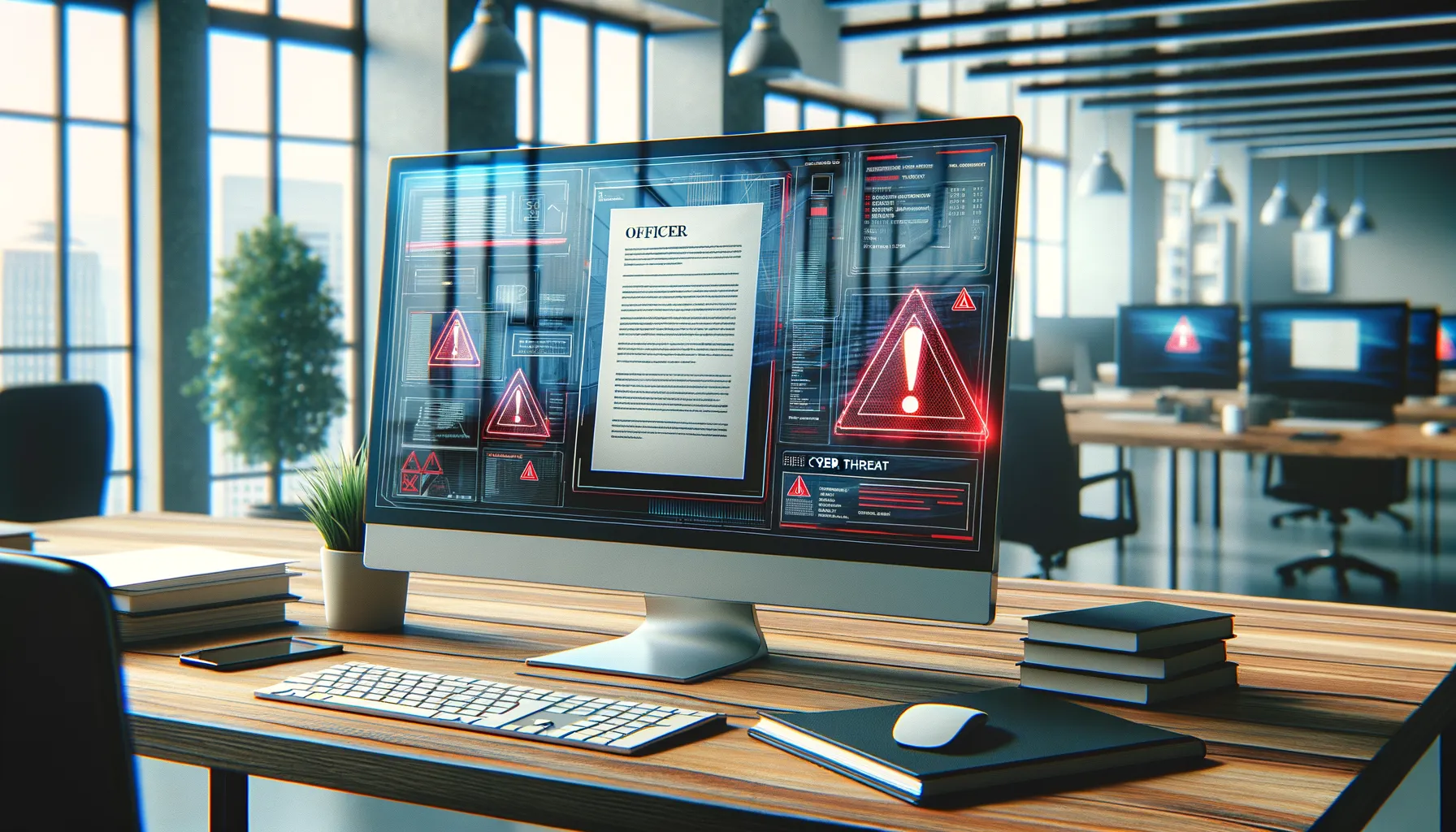 Corporate office desk with computer monitor showing Microsoft Office document with cyber threat warning overlay