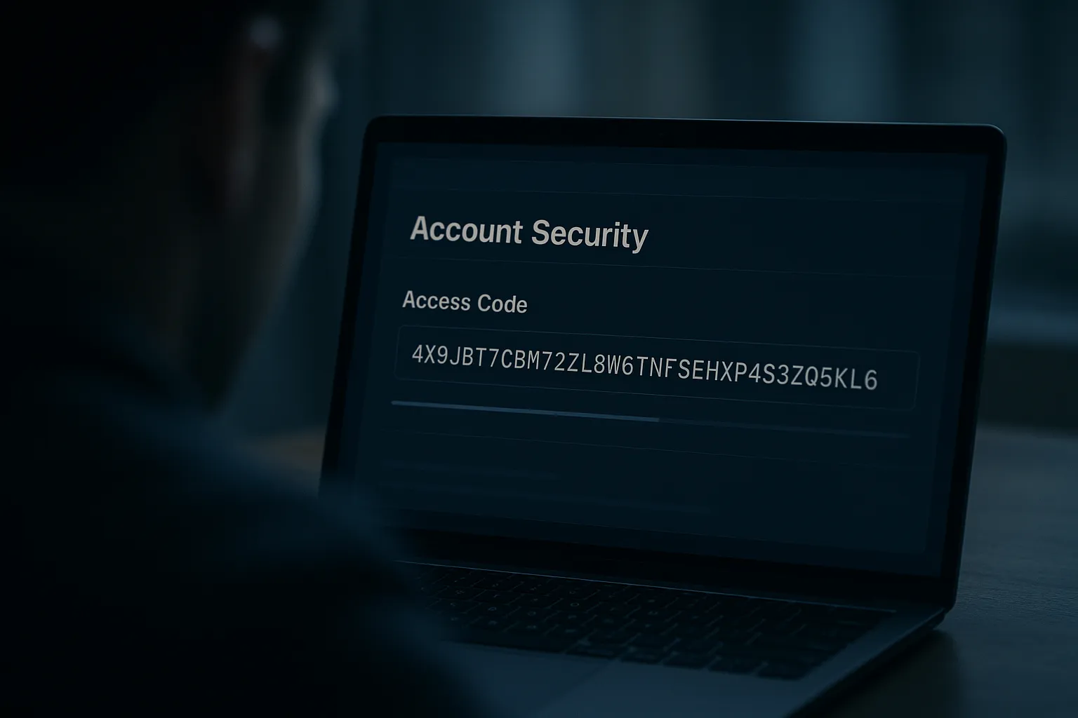 A laptop showing a Gmail security settings screen with an app password being generated, viewed over a shoulder
