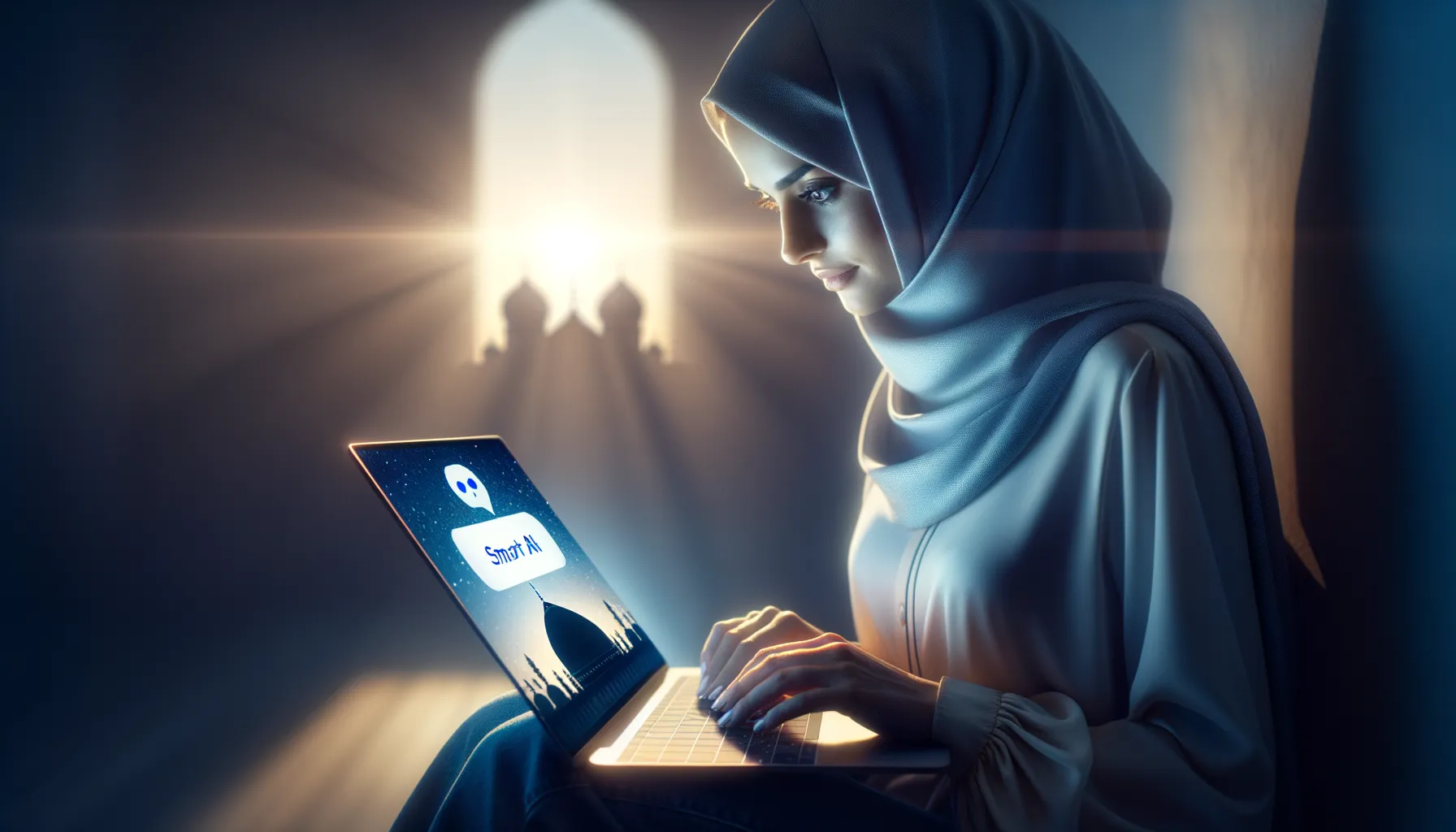 Person typing at laptop in dimly lit room with chat interface visible on screen