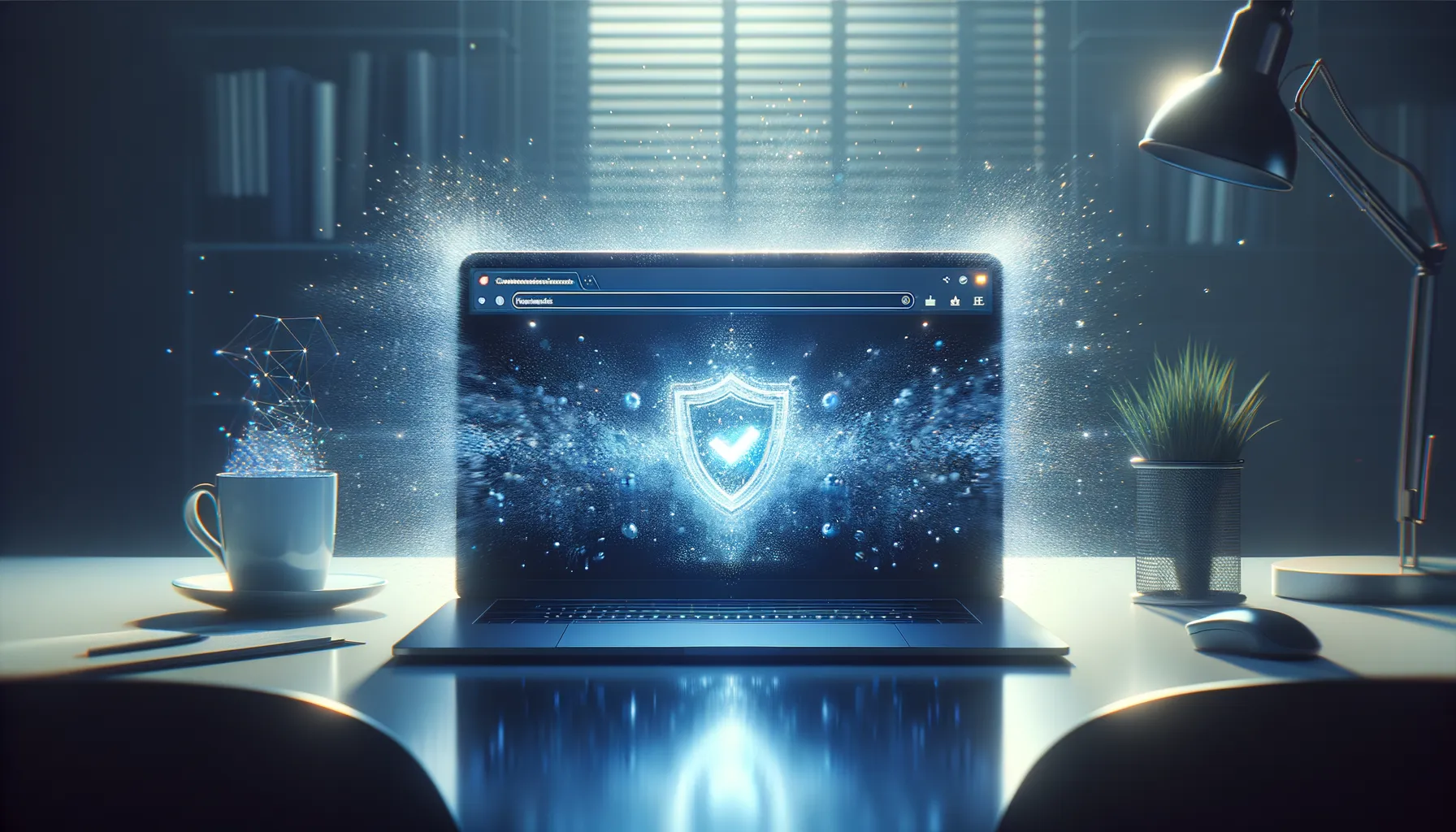 Laptop screen showing a browser with a glowing shield icon and dissolving digital noise particles