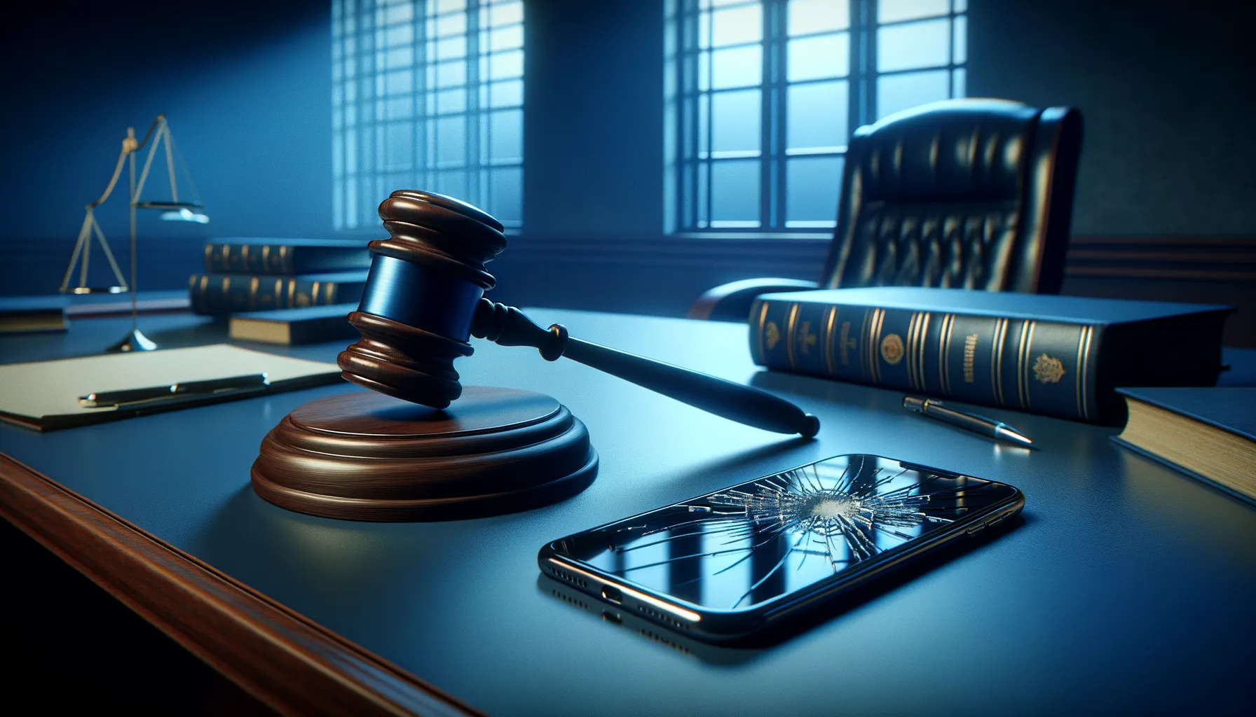 Gavel and cracked smartphone in courtroom setting