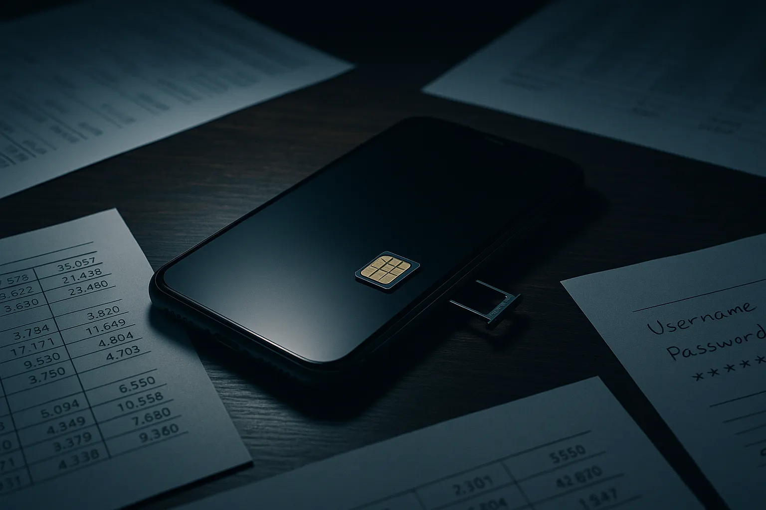 A smartphone on a dark desk with a SIM card tray ejected, surrounded by scattered documents, representing the Scattered Spider SIM swapping and phishing operation