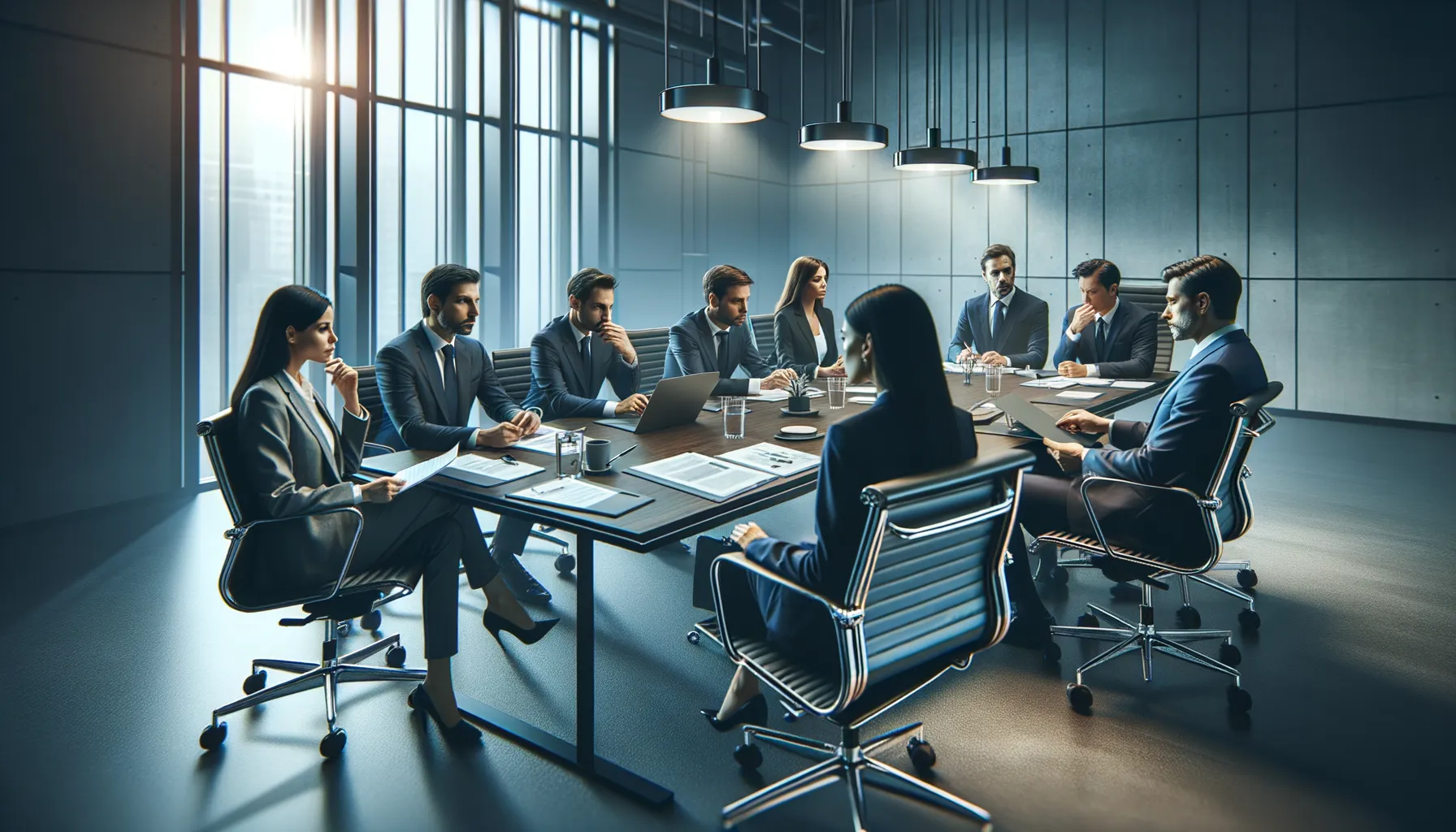 Corporate crisis response meeting in modern conference room