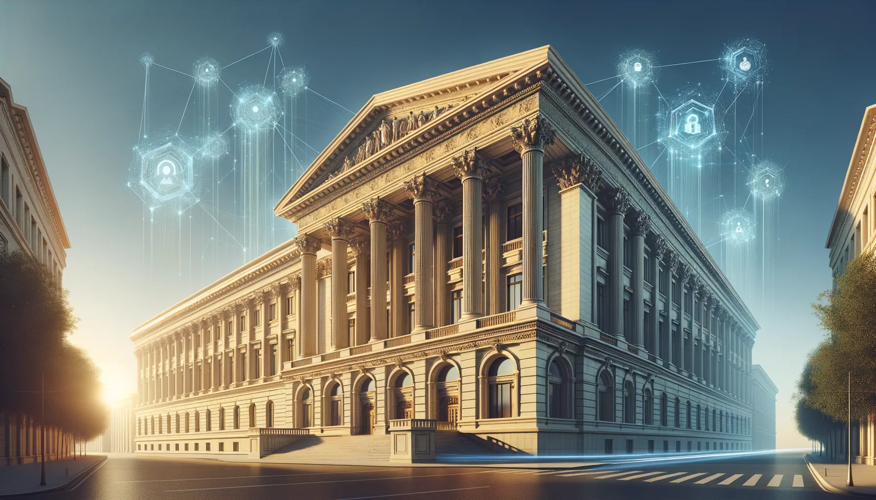 The United States Supreme Court building with warm sunlight on marble columns, representing the intersection of traditional law and modern digital tracking technology
