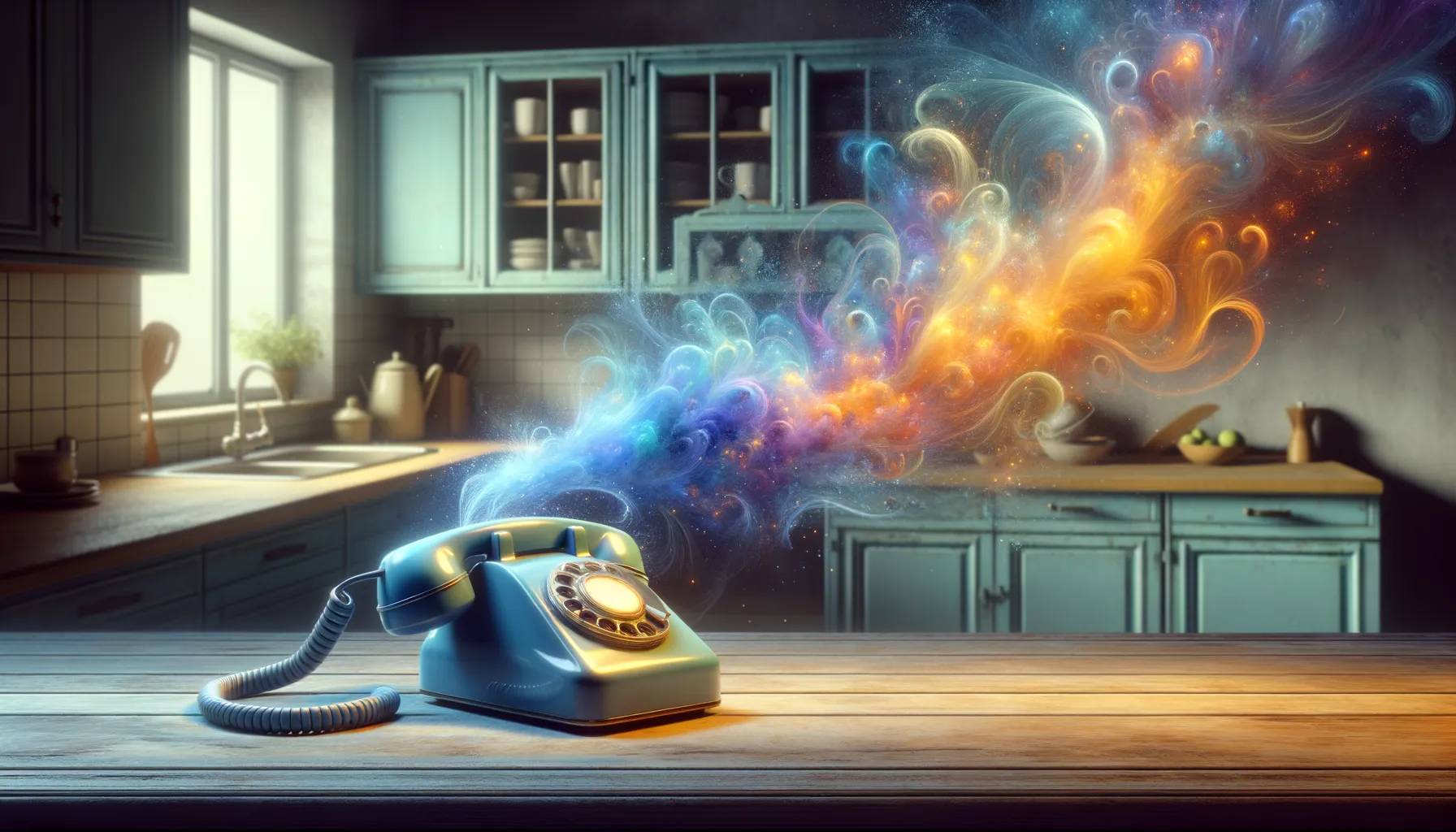 Vintage telephone handset connected to glowing digital data streams flowing into an open filing cabinet representing exposed voice recordings and chat data