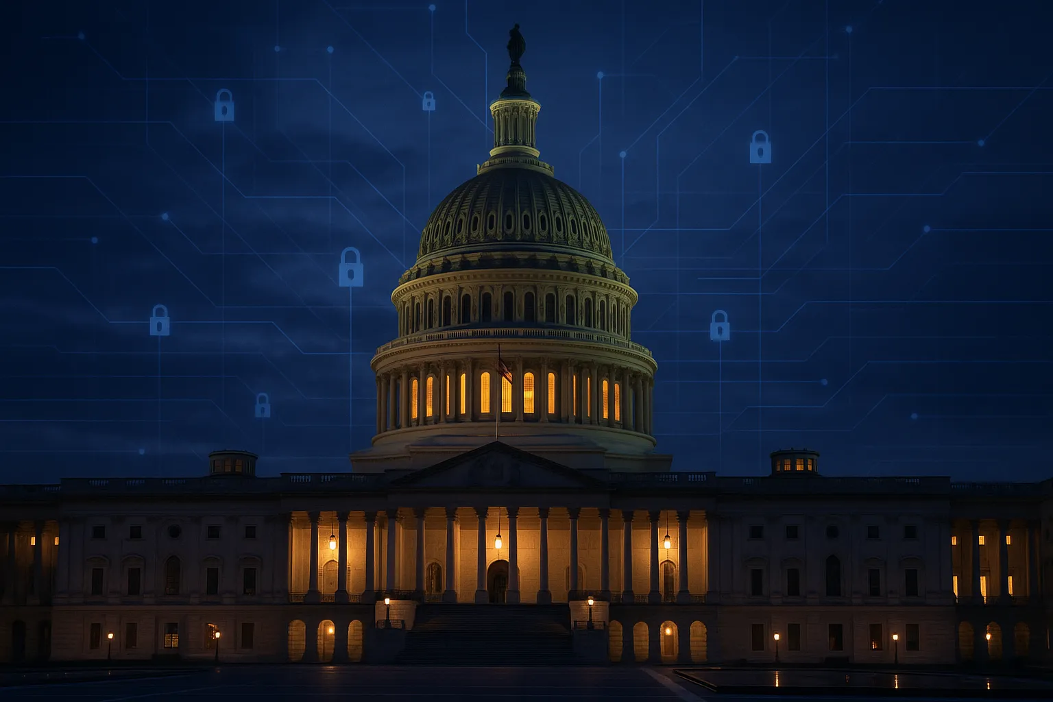 United States Capitol building at dusk with digital network overlays representing federal privacy legislation debate