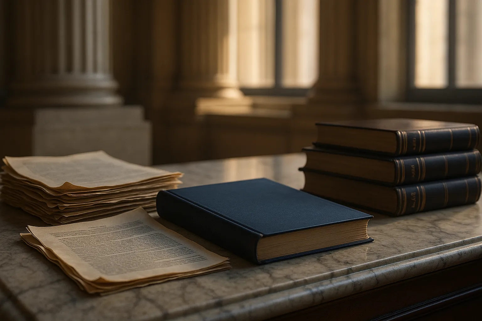 Official legal documents and law books on a marble government desk, representing the SECURE Data Act federal privacy legislation
