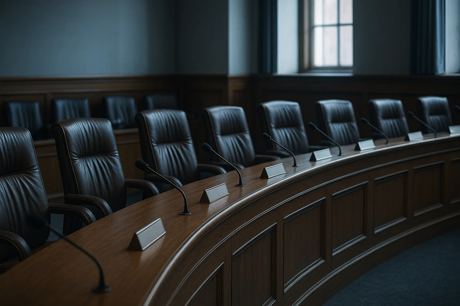 Empty legislative committee hearing room with a long curved dais, leather chairs and microphones