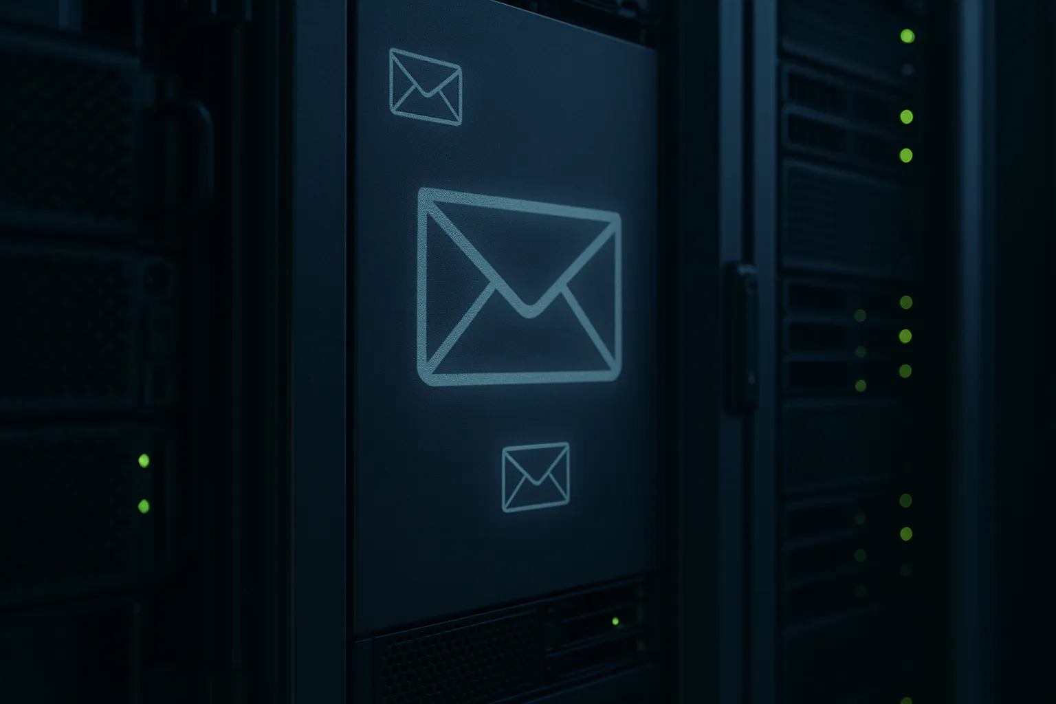 Dark server rack with pale blue email envelope icons projected onto the metal enclosure, representing the compromise of an encrypted email gateway