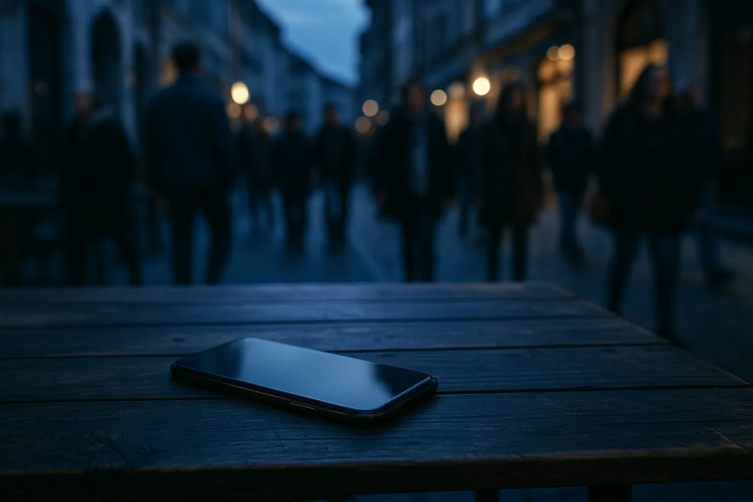 A dark smartphone resting on a wooden cafe table at dusk on a European street, with a blurred crowd of people walking past in the background
