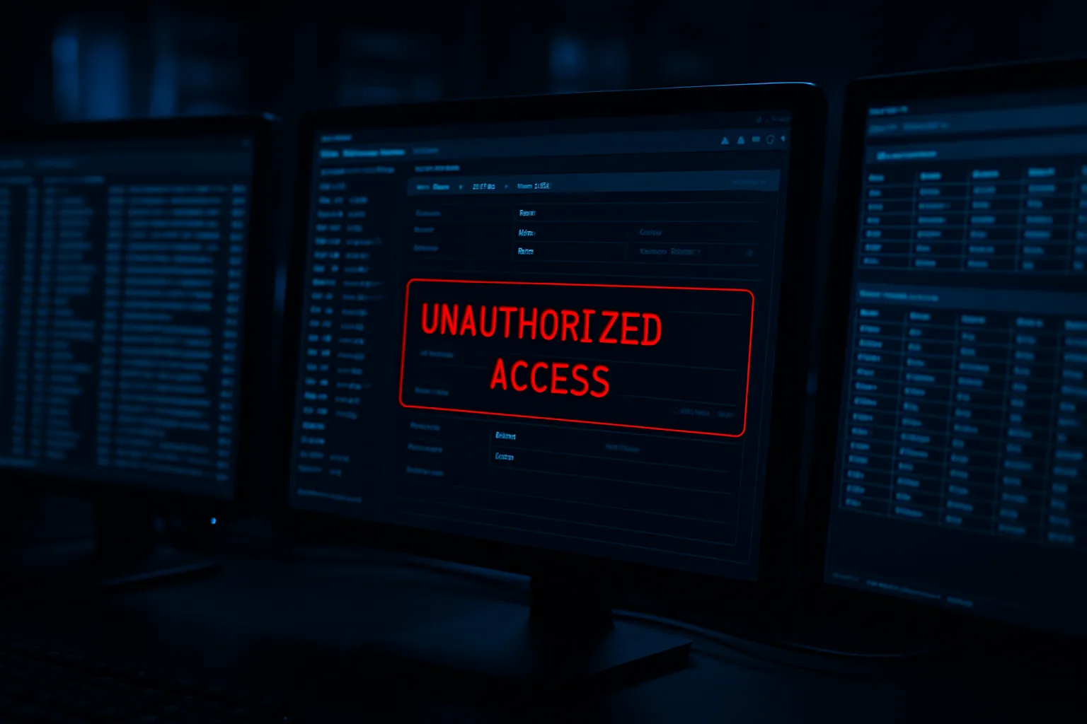 Enterprise security operations center with multiple monitors showing API access logs and an unauthorized access warning, representing the ServiceNow KB3067321 breach