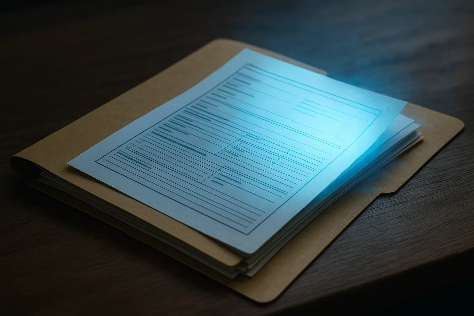 Folder of paper documents on a desk with subtle blue digital glow representing a franchise application file copied off a cloud CRM system