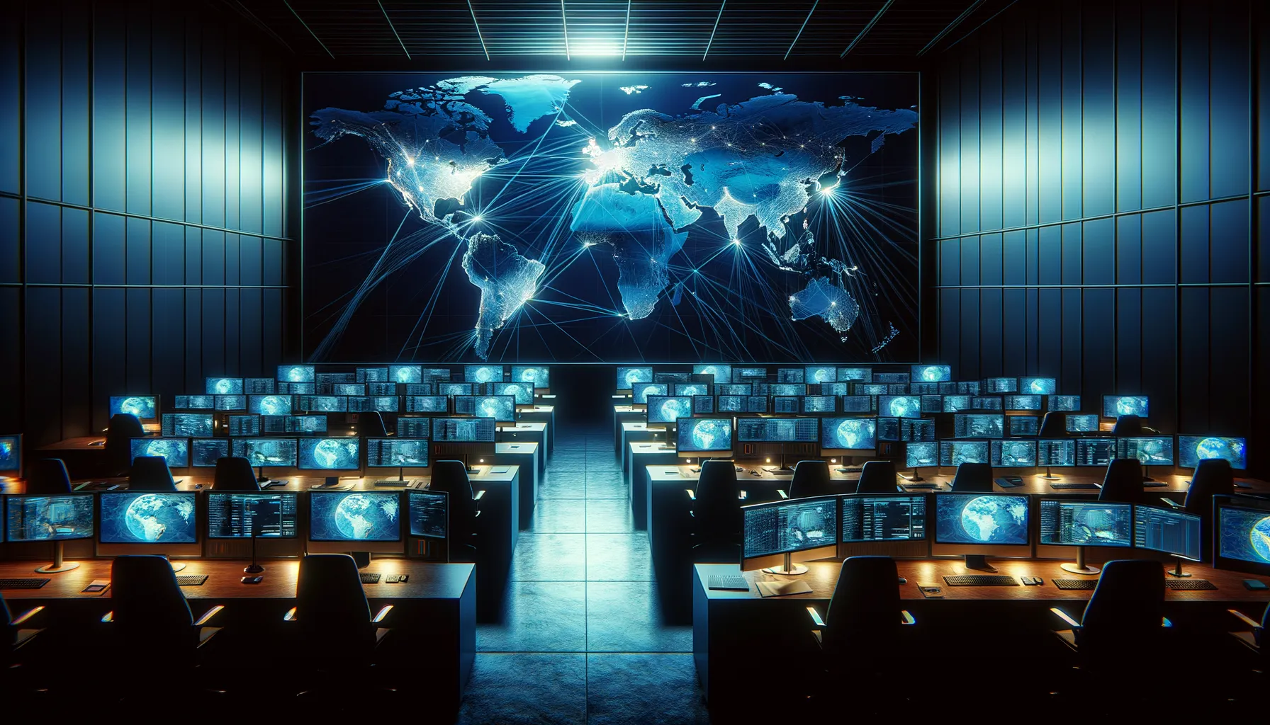 Control room with world map showing global cyberattack connections