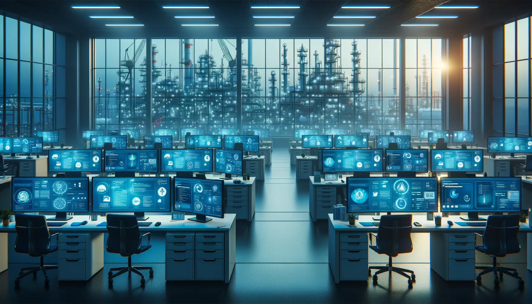 Corporate office with computer screens showing email and document sharing interfaces in energy sector setting