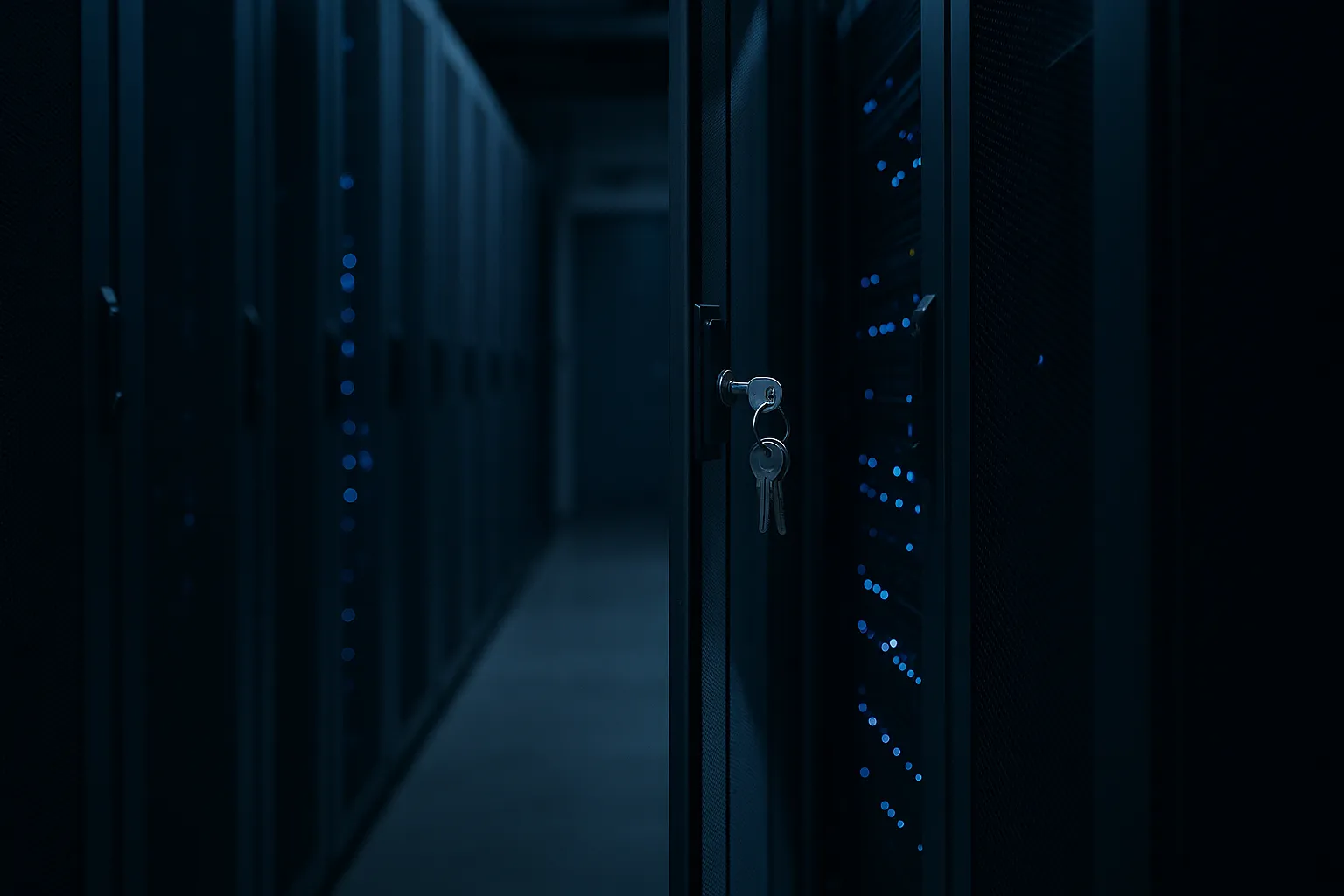 A dim server room aisle at night with one rack cabinet door standing ajar and keys left hanging in its lock, lit by blue equipment status lights